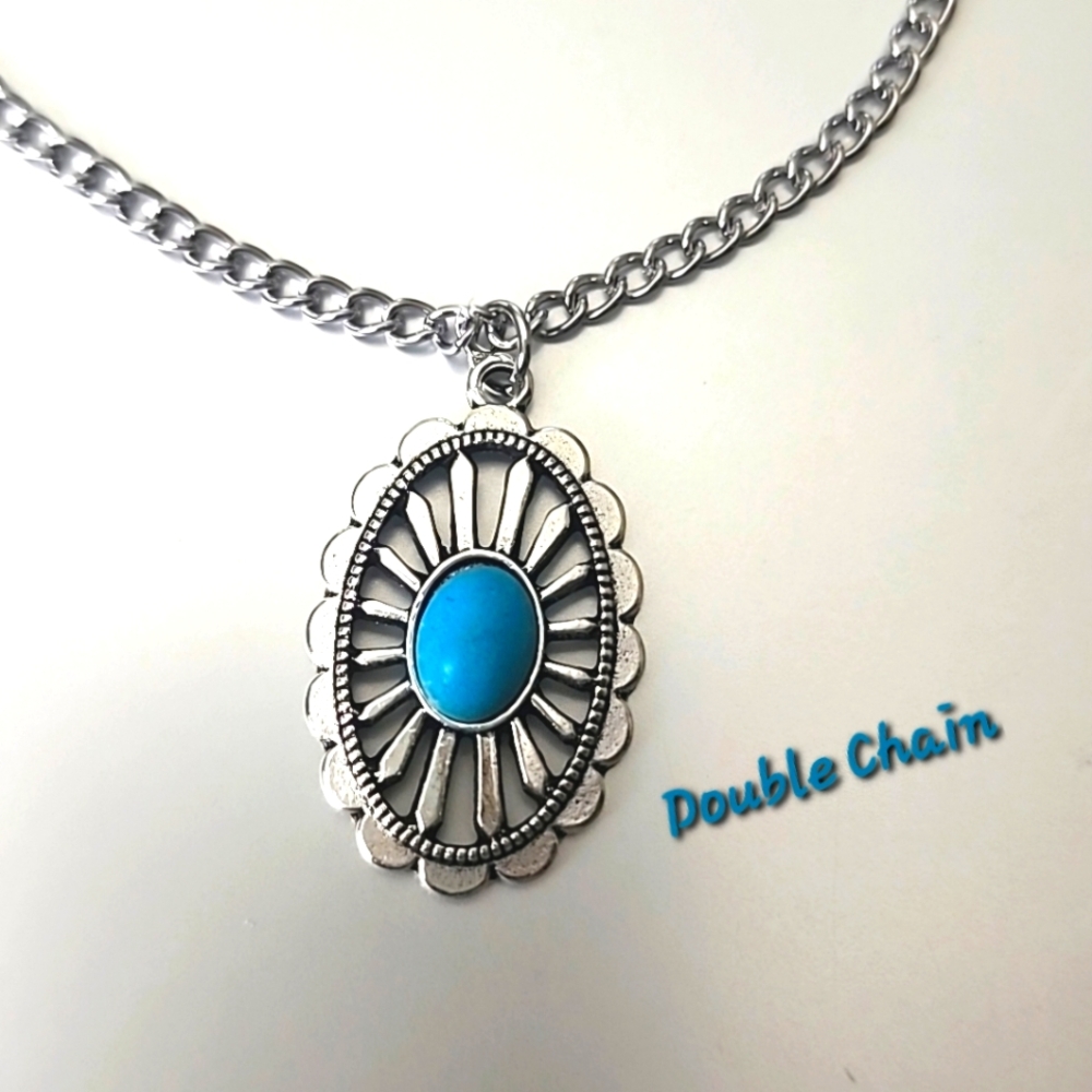 SOUTHWESTERN Necklace 18 and 17 inch Chains Simulated Turquoise StainlessSteel